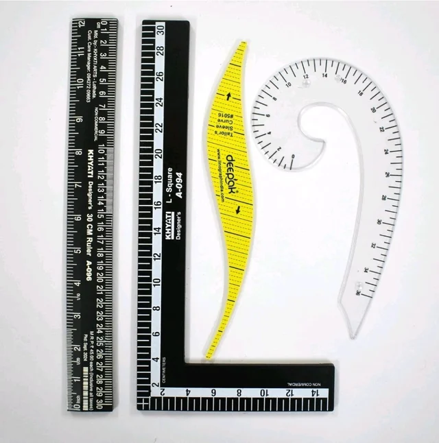Arm Hole Curve, L Square ruler, White French curve with markings, and Straight ruler 30 cm Combo (4pcs). Used in fashion design, tailoring, and sewing for creating patterns, measuring fabric