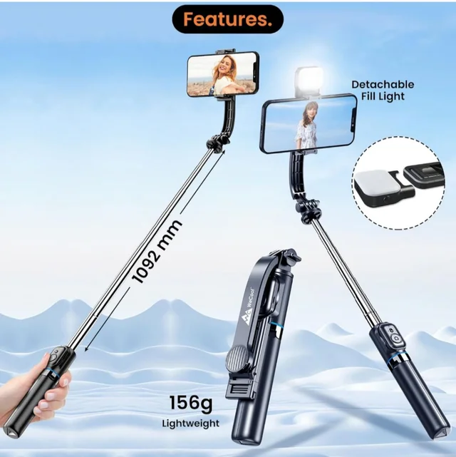 Selfie Stick with Light in 6 Shades, 3 Colours & 2 Tones with Detachable Mobile Holder, Selfie Stick Extendable upto 71 Inches, Tripod Stand...