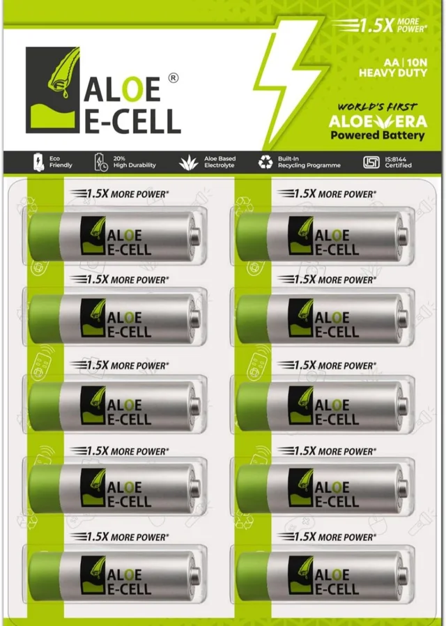 Aloe Ecell AA Eco-Friendly Batteries | Aloe Vera Powered | Long-Lasting, Leak-Proof & Sustainable Dry Cells | 1.5V Alkaline Alternative | Ideal for Remotes, Toys, Clocks & Everyday Use (Pack of 10)