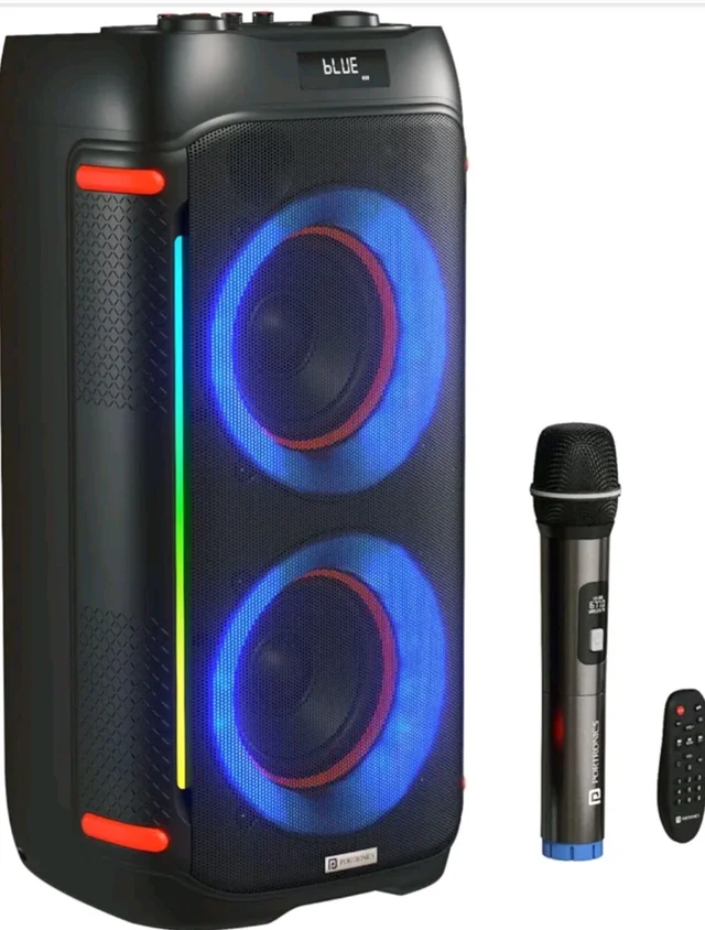 Portronics Iron Beats IV 250W Party Speaker with Dual 6" Subwoofer, Upto 4 Hours Playtime, RGB LED Lights, Wireless Karaoke Mic, Treble/Bass Adjustment, Echo Control, Remote Control(Black)