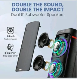 Portronics Iron Beats IV 250W Party Speaker with Dual 6" Subwoofer, Upto 4 Hours Playtime, RGB LED Lights, Wireless Karaoke Mic, Treble/Bass Adjustment, Echo Control, Remote Control(Black)