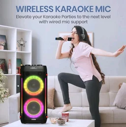 Portronics Iron Beats IV 250W Party Speaker with Dual 6" Subwoofer, Upto 4 Hours Playtime, RGB LED Lights, Wireless Karaoke Mic, Treble/Bass Adjustment, Echo Control, Remote Control(Black)