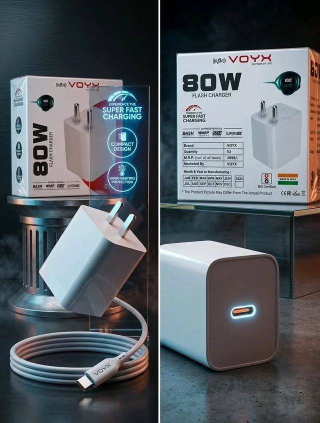 VOYX 80W Super Fast Flash Charger [CH-888] – Ultra-Compact Type-C Power Adapter with Multi-Protocol Support (Dash, Warp, VOOC, SuperVOOC)