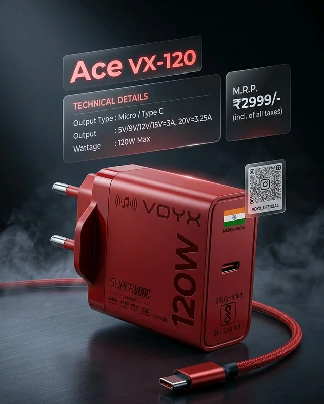 VOYX Ace VX-120 Ultra-Fast 120W SuperVOOC Charger | Multi-Protocol Support (Dash, Warp, Vooc, Dart) | Dual Type-C/Micro Compatibility | BIS Certified