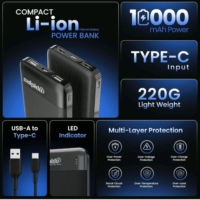 Salpido 10000mAh 12W Power Bank with Dual Output, Portable Slim Design, Lithium-Ion Polymer Battery, Smart Chip Safety and LED Indicator, for iPhone, Samsung &All Smartphones
