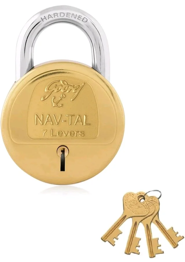 Godrej Locks I Navtal 7 levers 65 mm I 4 Keys I Padlock for Main Door I Gate Lock I Tool Box, Shutters, Shops & Offices I Strong Hardended Corrosion Resistant Shackle I Brass Material & Brass Finish