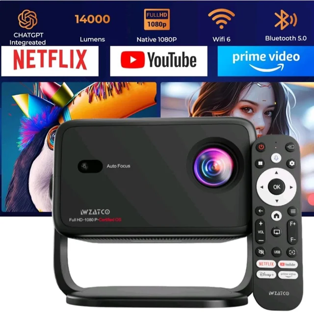 WZATCO Yuva Vibe, Certified OS Smart Home Projector, Native 1080P Fully Automatic, HDMI ARC, WiFi 6 & BT, Screen Mirroring, Portable Room Cinema