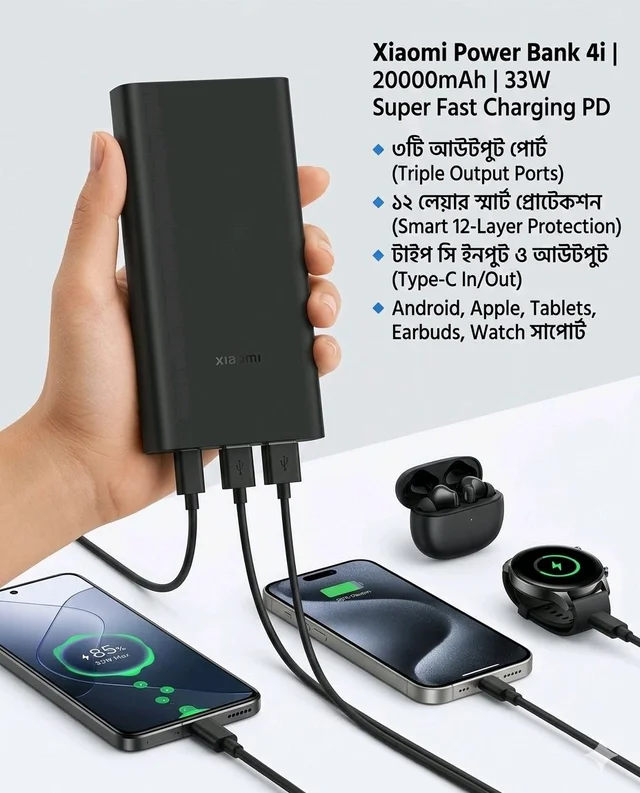 Xiaomi Power Bank 4i 20000mAh 33W Super Fast Charging PD |Smart 12 Layer Protection|Type C Input & Output|Triple Output Ports|Supports Android,Apple, Tablets, Earbuds,Watch(MI Powerbank),Black