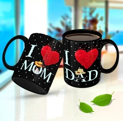 Ridhi Sidhi Design I LOVE MOM DAD Black Ceramic Coffee, Gift for Parents, Anniversary, Birthday, Mummy Papa Set of 2