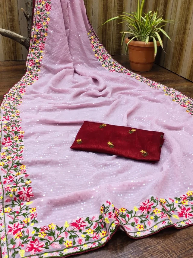 ⭐ *BOLLYWOOD STAR COLLECTION* ⭐⭐⭐Dress like film starts and fashion models ⭐⭐*FABRIC DETAILS* ⭐CLOTH OF BEST QUALITY Georgette fabricEmbroidery detailsHeavy Embroidery multy sequence (5MM) Work done on sareeBLOUSE OF Satin Banglori SILk with embroidery work LOOK GLAMOUROUS, STAY BEAUTIFUL* ⭐ - A
