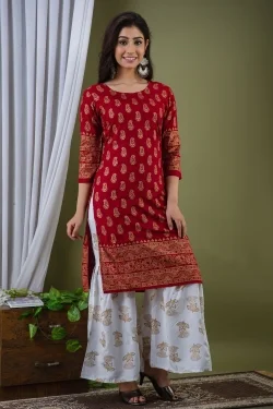 Surhi Women Kurta and Sharara SetViscose Rayon Fabric3/4 SleevePaisley PatternColor: Red - S