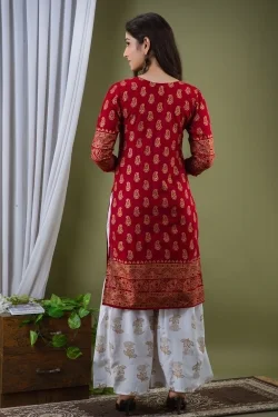 Surhi Women Kurta and Sharara SetViscose Rayon Fabric3/4 SleevePaisley PatternColor: Red - S