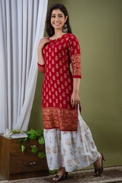 Surhi Women Kurta and Sharara SetViscose Rayon Fabric3/4 SleevePaisley PatternColor: Red - M