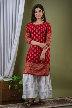 Surhi Women Kurta and Sharara SetViscose Rayon Fabric3/4 SleevePaisley PatternColor: Red - L