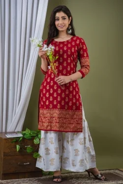 Surhi Women Kurta and Sharara SetViscose Rayon Fabric3/4 SleevePaisley PatternColor: Red - XL