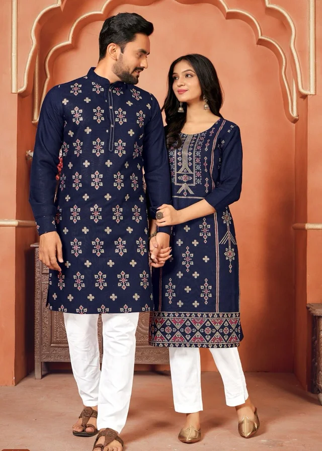 Cute Couple Matching Kurta Kurti Set With Pazama - Boys Kurta Pyjama M41, Girls Top Pant M38