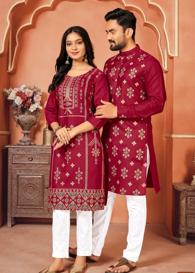Cute Couple Matching Kurta Kurti Set With Pazama - Boys Pyjama M45, Girls Top Pant M38