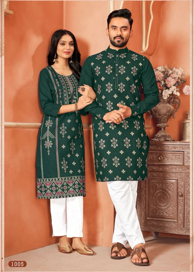 Cute Couple Matching Kurta Kurti Set With Pazama - Boys Pyjama M45, Girls Top Pant M38