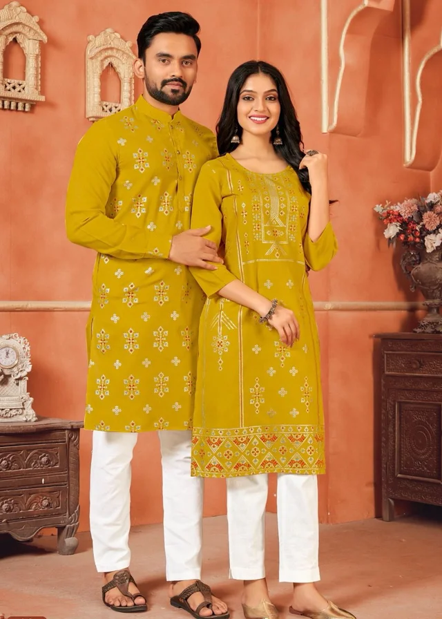 Cute Couple Matching Kurta Kurti Set With Pazama - Boys Pyjama M45, Girls Top Pant M38