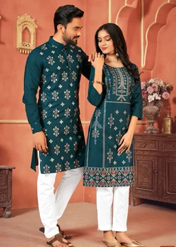 Cute Couple Matching Kurta Kurti Set With Pazama - Boys Pyjama M45, Girls Top Pant M38