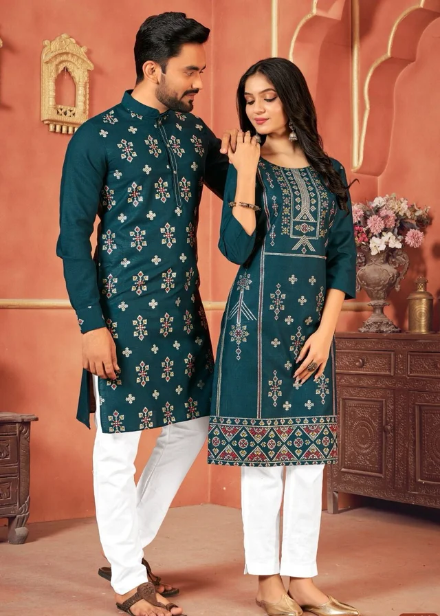 Cute Couple Matching Kurta Kurti Set With Pazama - Boys Pyjama M45, Girls Top Pant M38