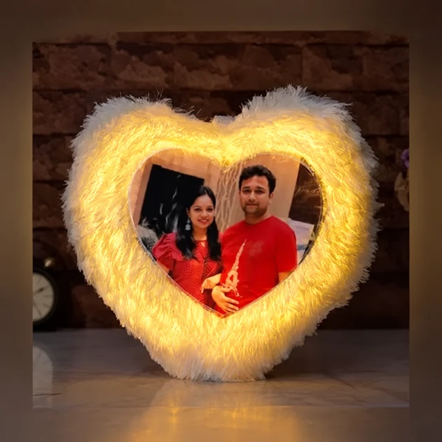 Fur Pillow | Heart Shape | Yellow Color LED