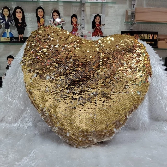 Magic or Sequin Chamki Pillow | Heart Shape | Gold Color