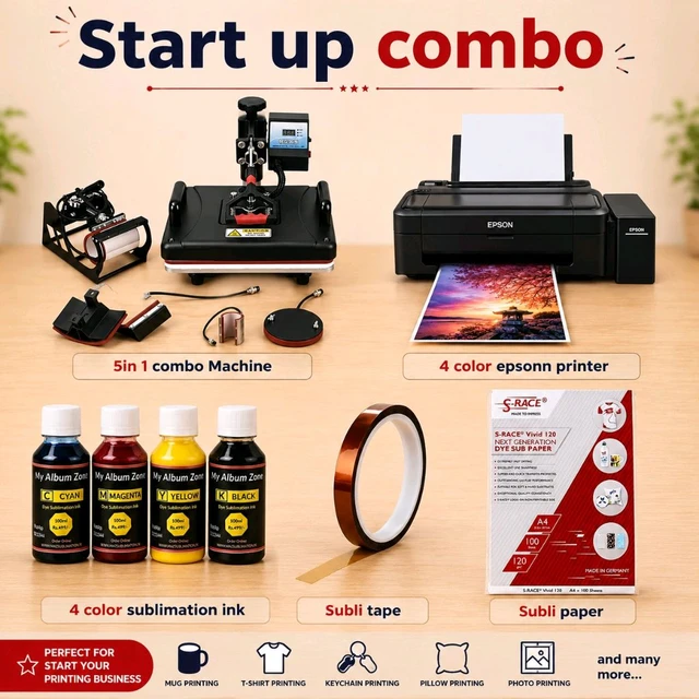 Startup Combo - Basic | Personalized Gift Business Starter Kit | Heat Press + Epson Printer + Sublimation Essentials - Machine Setup Only