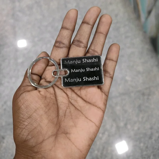 Engraved with Text/Logo - Black Metal Keychain - Square Rectangle Shape