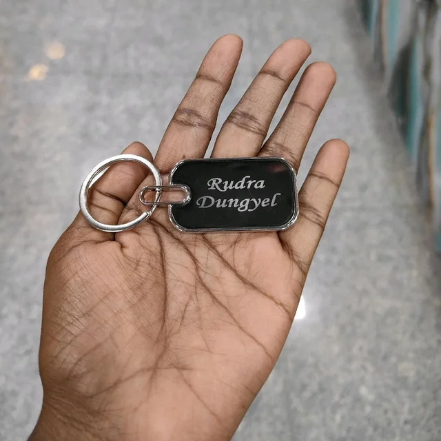 Engraved with Text/Logo - Black Metal Keychain - Oval Rectangle Shape