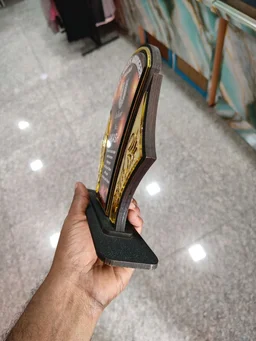 MDF Trophy with Custom Print - Color Wood + 2 Side Gold Acrylic Wings - 2 Layer Mementos - MAZTROPHY005 (10x8" Inch approx size) - Blank Material
