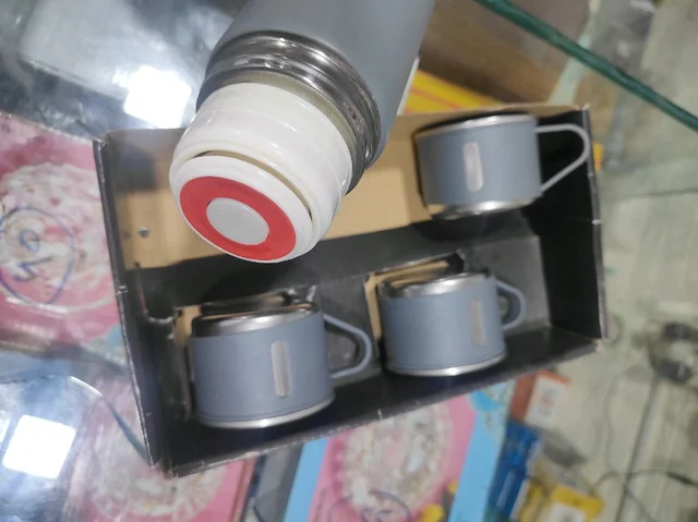 Engraved - Vaccum Flask Hot & Cold 500ml Steel Bottle with 2 Cups set - Grey Color - Blank Material