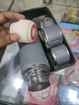 Engraved - Vaccum Flask Hot & Cold 500ml Steel Bottle with 2 Cups set - Grey Color - Blank Material
