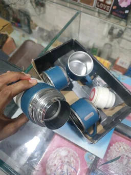 Engraved - Vaccum Flask Hot & Cold 500ml Steel Bottle with 2 Cups set - Blue Color - Blank Material