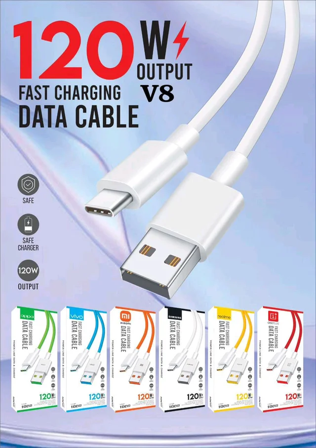 120W V8 FAST DATA CABLE (MI/OPPO/VIVO/REALME/ONEPLUS/SAMSUNG) BRAND WISE COLOUR OG QUALITY