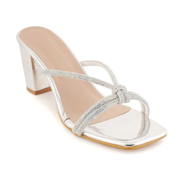 Fancy party wear block heel diamond slippers - Silver
