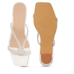Fancy party wear block heel diamond slippers - Silver