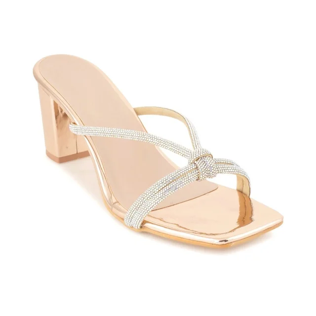 Fancy party wear block heel diamond slippers - Golden Sand