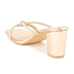 Fancy party wear block heel diamond slippers - Golden Sand