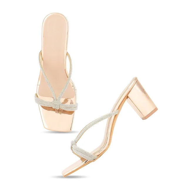 Fancy party wear block heel diamond slippers - Golden Sand