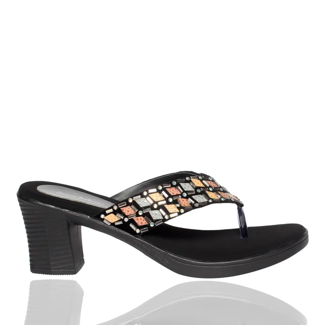 Black short heel semi casual slippers for women - Black