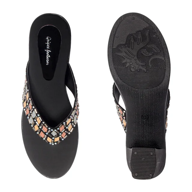 Black short heel semi casual slippers for women - Black