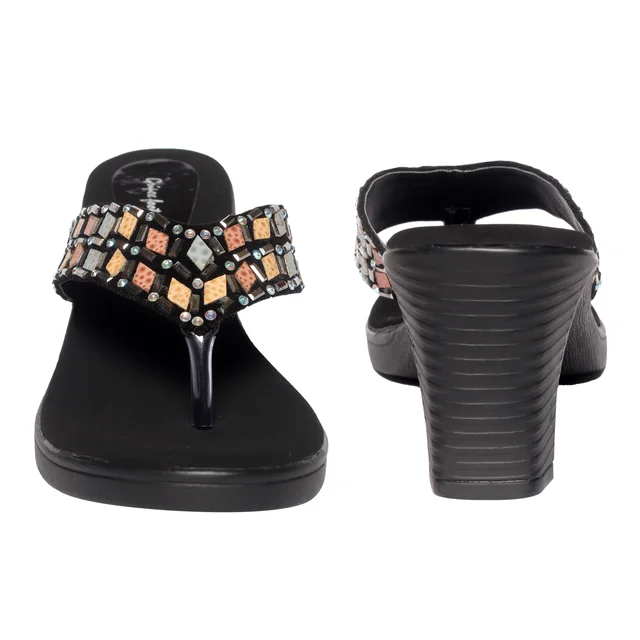 Black short heel semi casual slippers for women - Black