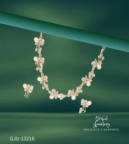 GJb-13216 Pearls And Diamond Necklace Set - Adjustable