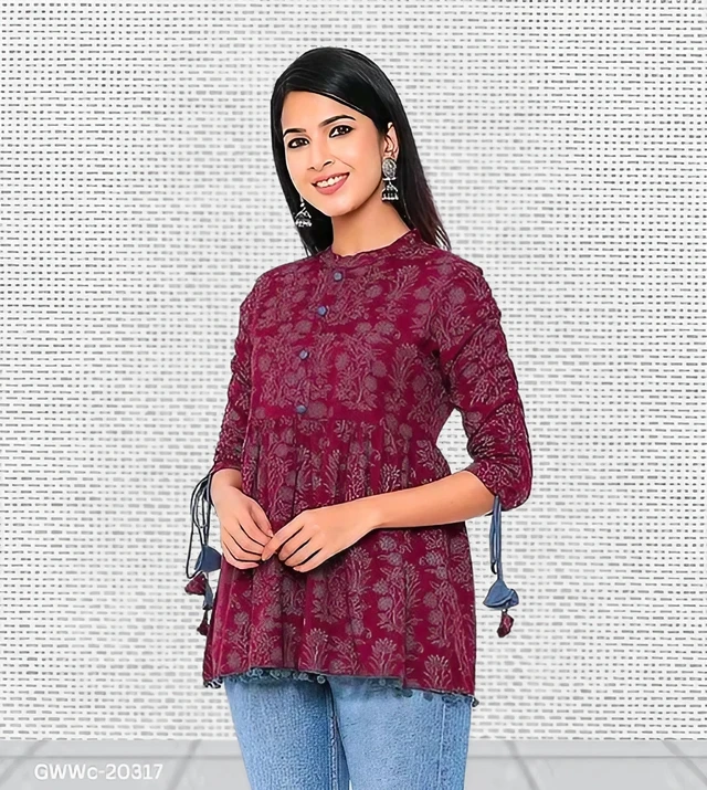 GWWc-20317 Wine Printed Ragular Top For Women - XL