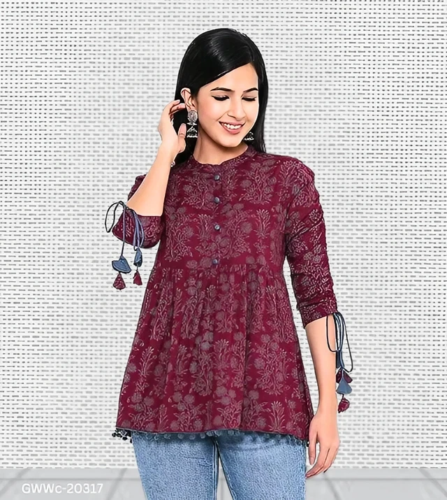 GWWc-20317 Wine Printed Ragular Top For Women - XL