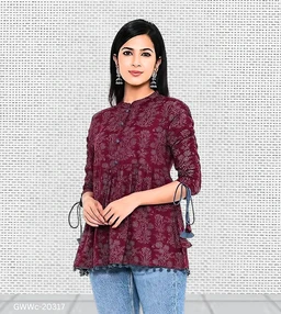 GWWc-20317 Wine Printed Ragular Top For Women - XL