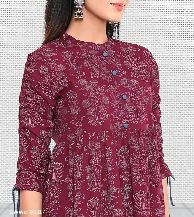 GWWc-20317 Wine Printed Ragular Top For Women - XL