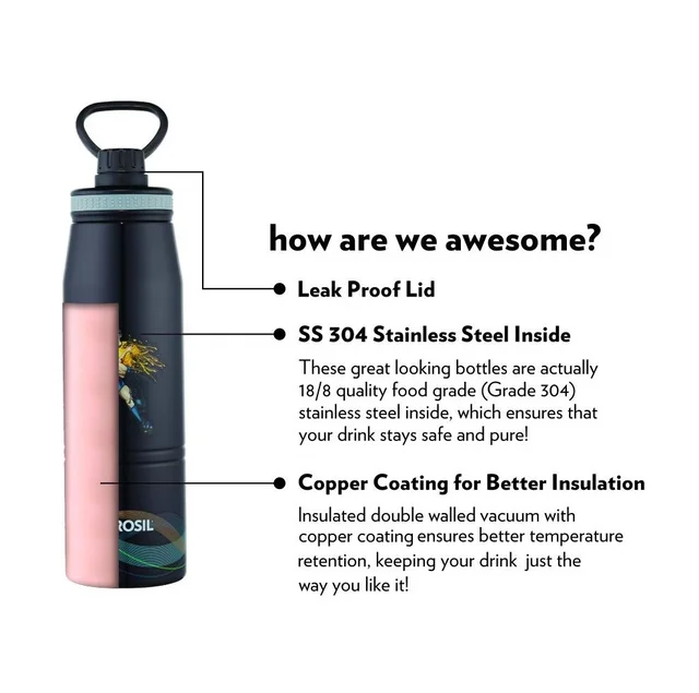 Borosil Gosport Football 900 ML Stainless Steel - Vacuum Insulated Flask Water Bottle, Black