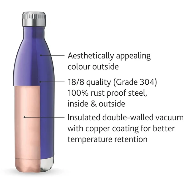 Borosil TRANS BOLT 1 L Stainless Steel- Vacuum Insulated Flask Water bottle, Blue